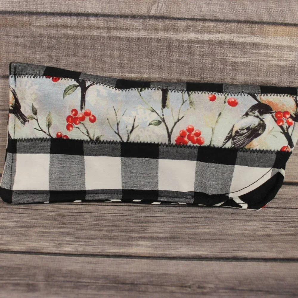 Robin Printed Black & White Buffalo Check Berries Zippered Pouch & Sunglass Case